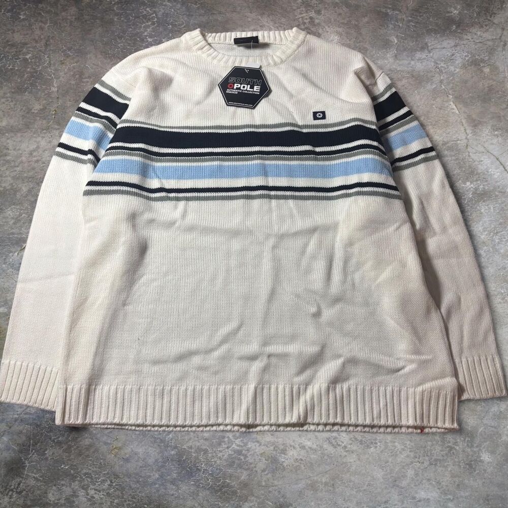 Southpole Sweater Men’s L White Blue Black Striped Pullover Heavy Y2K NWT